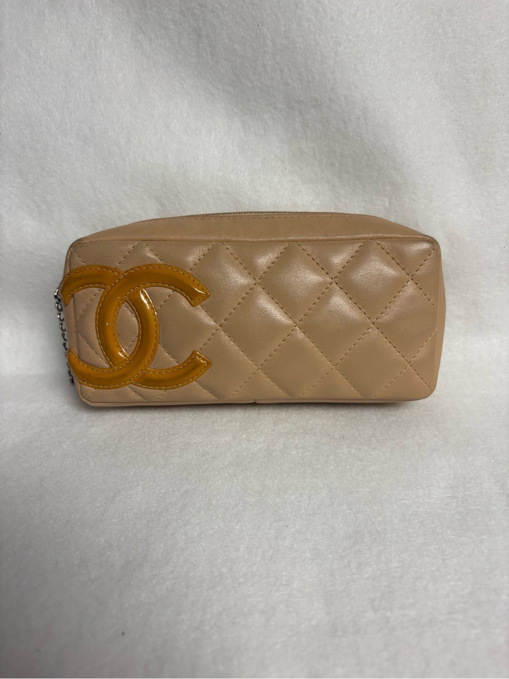 CHANEL Beige CAMBON Leather Pencil Case Make Up Pouch Orange Interior